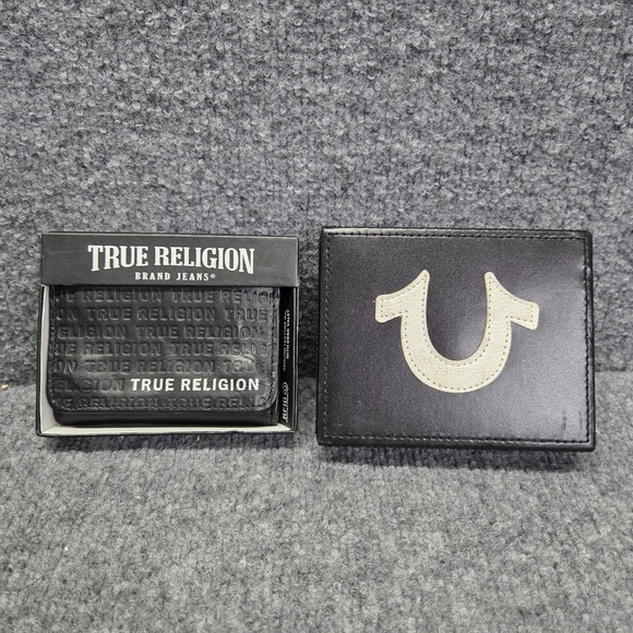 True Religion Bifold Wallet Front Logo Embroidery Black RFID Block W/ Desk Caddy - Picture 1 of 12